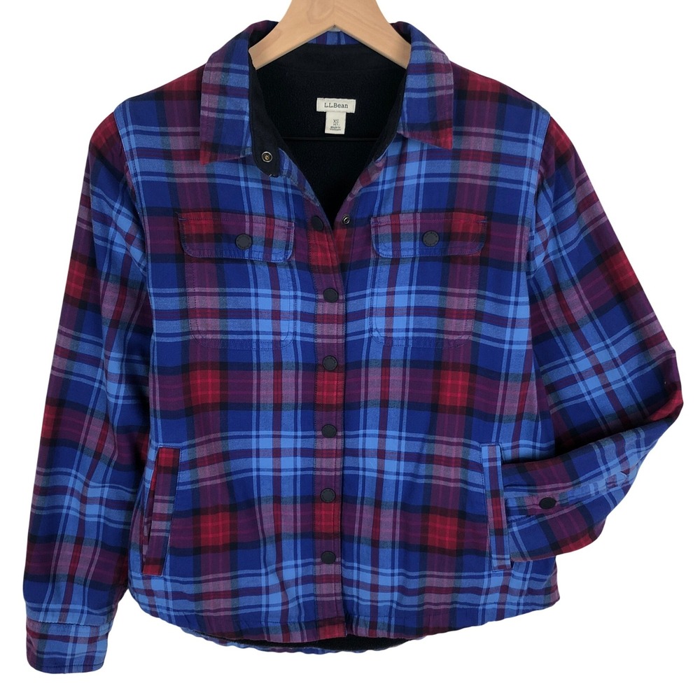LL Bean Fleece Lined Flannel Shirt Jacket Women's XS Petite Blue Purple Plaid